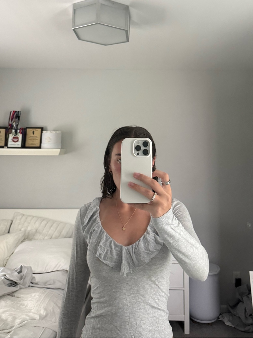 ARITZIA Ruffled V-Neck Long Sleeve Top - Light Gray
